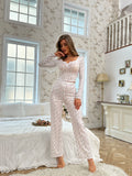 Cute Bow Print Sleepwear Set with Long Pants