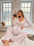 Cute Bow Print Sleepwear Set with Long Pants